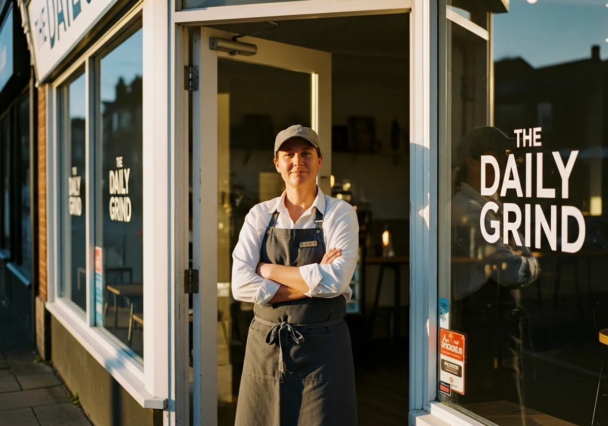 A small business owner standing proudly in the doorway of their shop at golden hour