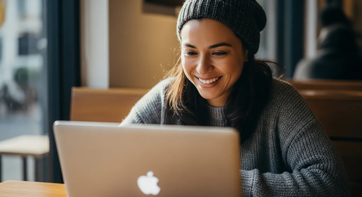 A small business owner smiling while reviewing their website preview on a laptop